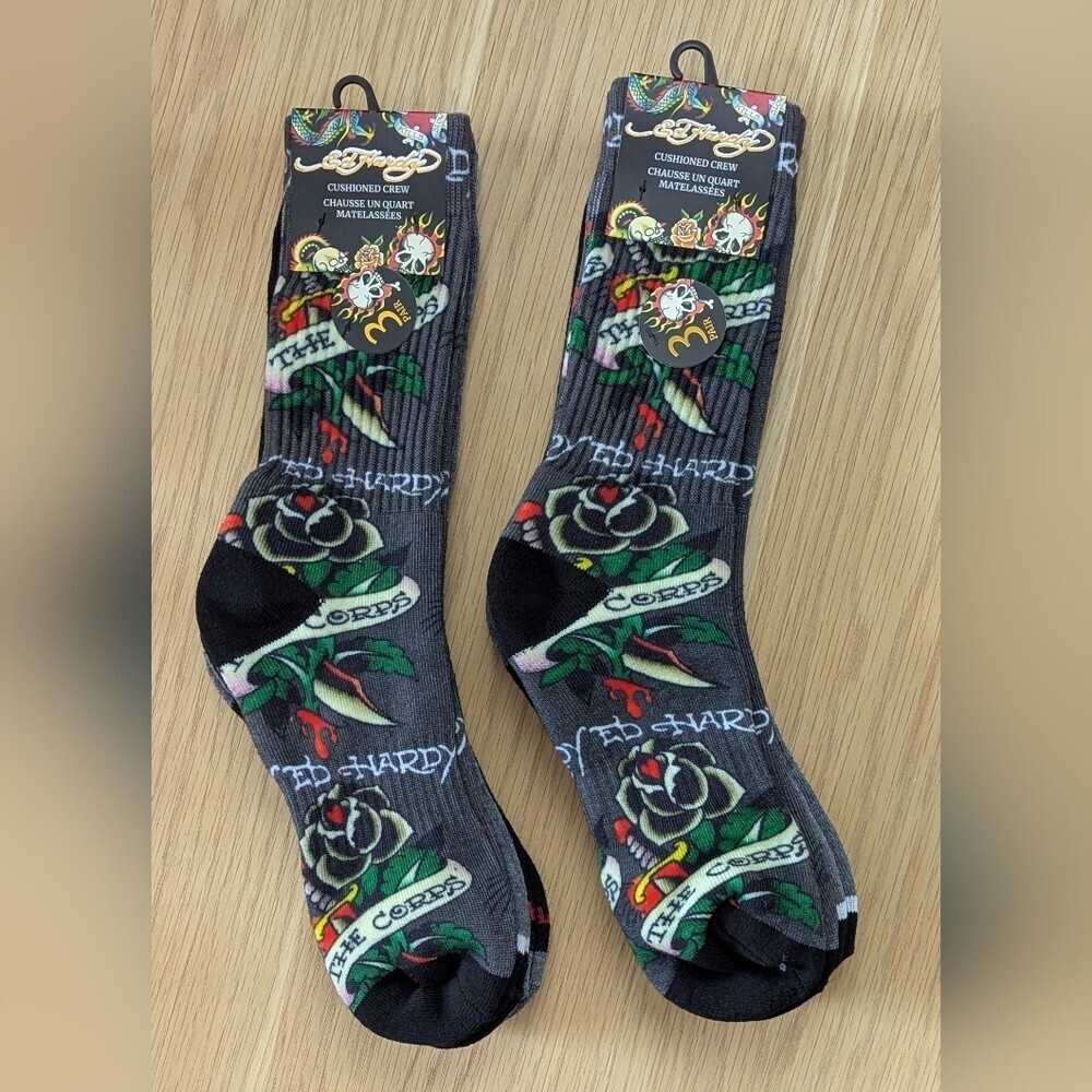 NWT Ed Hardy Cushioned Crew Socks - 3 Pair/Pack - Heart/Corps/Black & Grey